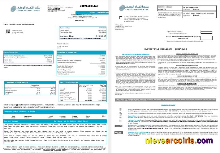 UAE Abu Dhabi Union National bank mortgage loan statement, 8 pages 1-2